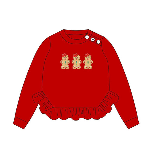 Preorder GT0702 NO MOQ Gingerbread Man Red lace long sleeve top