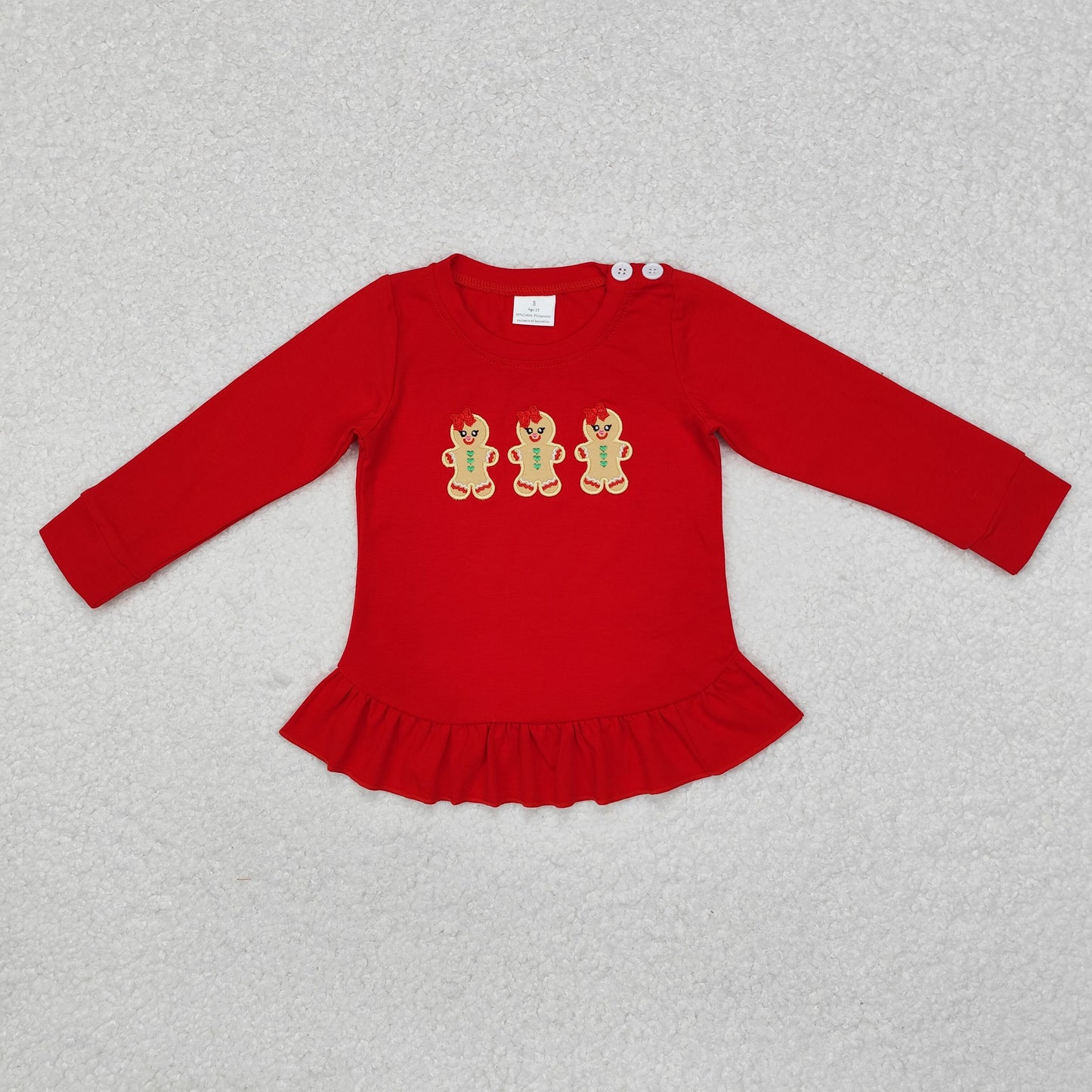 GT0702 Embroidered gingerbread man long sleeve top with red lace