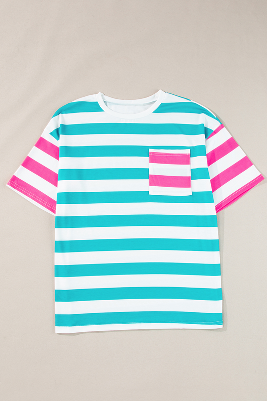 Preorder GT0705 NO MOQ Adult women's pink Blue striped pocket short-sleeved top