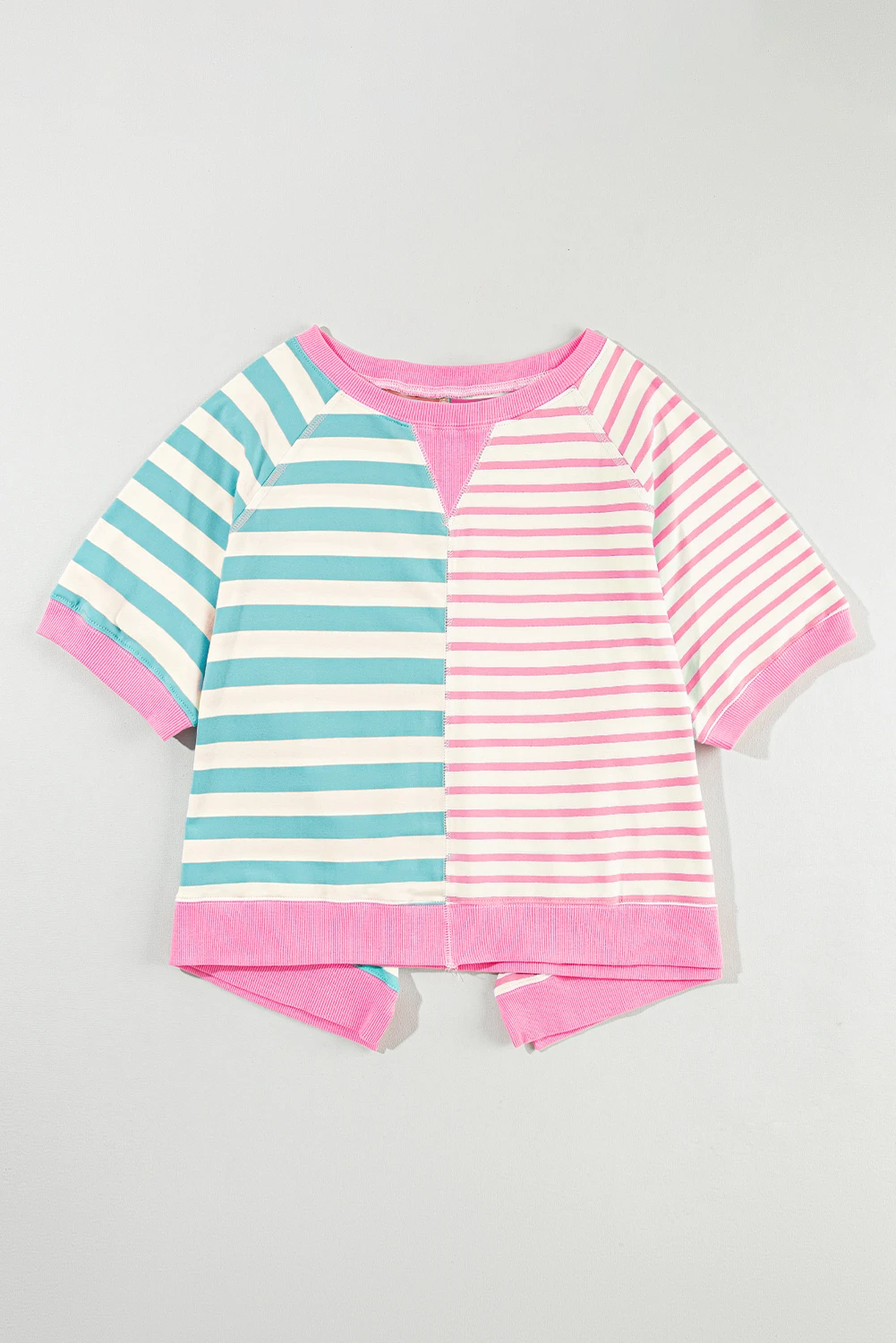 Preorder GT0706 NO MOQ Adult female pink-blue striped patchwork short-sleeved top