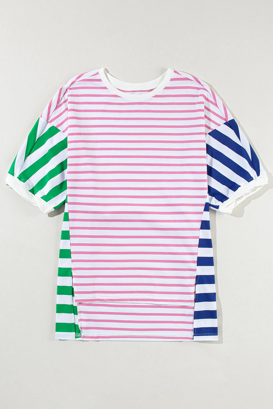 Preorder GT0707 NO MOQ adult female pink turquoise striped short-sleeved top