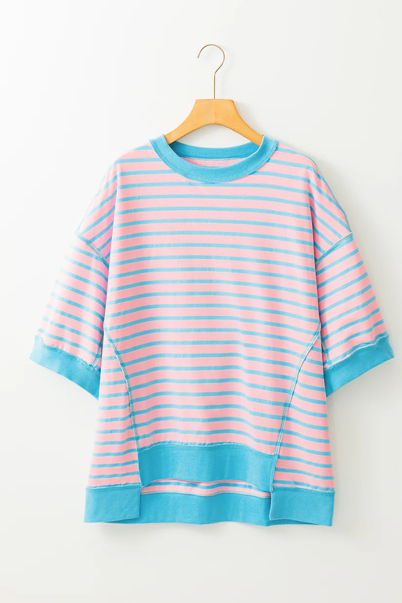 Preorder GT0709 NO MOQ Adult women's blue striped pink short-sleeved top