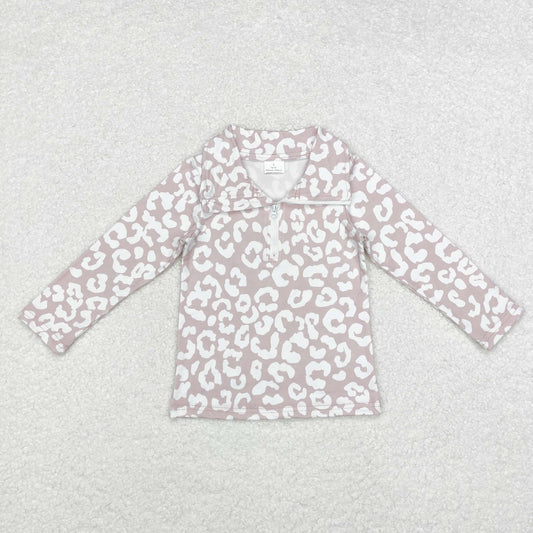 GT0720 Pink and white printed zipper long-sleeved top