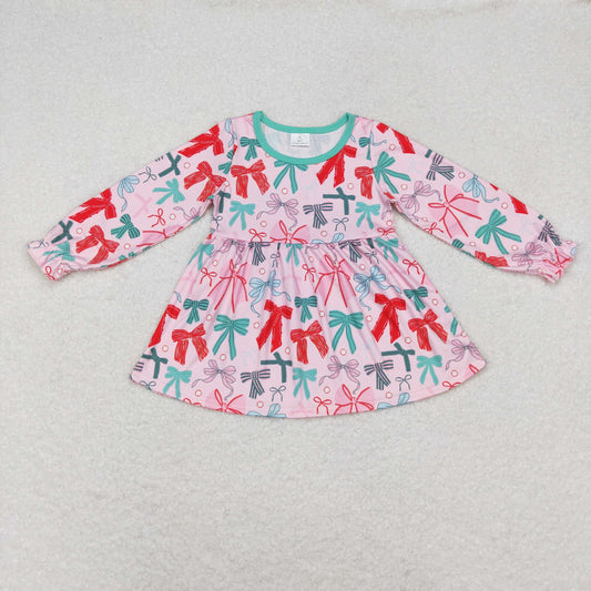 GT0721 Girls Boutique Bows Pink Green Tunic Long Sleeve Top RTS Free Shipping Over 2KG