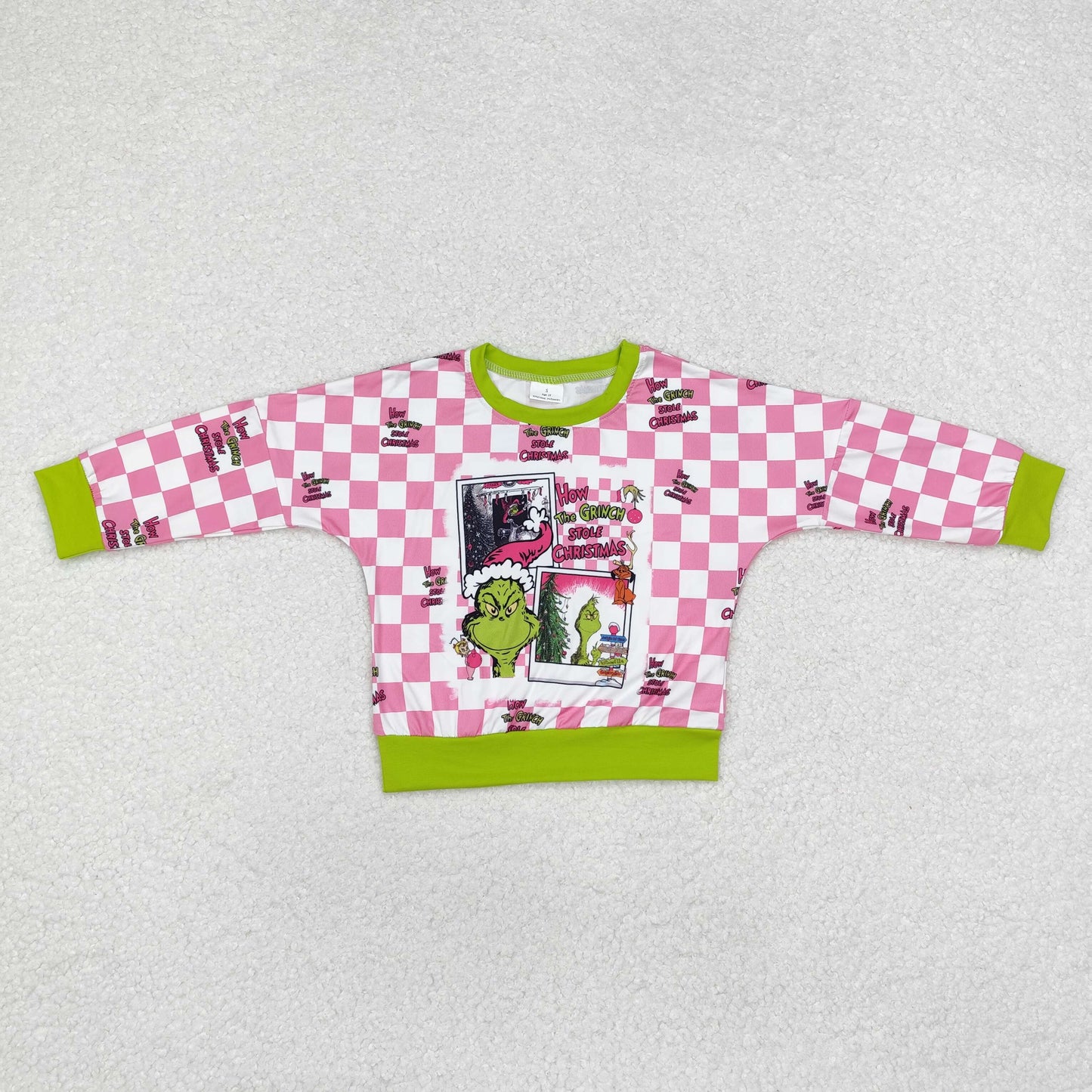 GT0733 Christmas pink and white plaid long-sleeved top cartoon