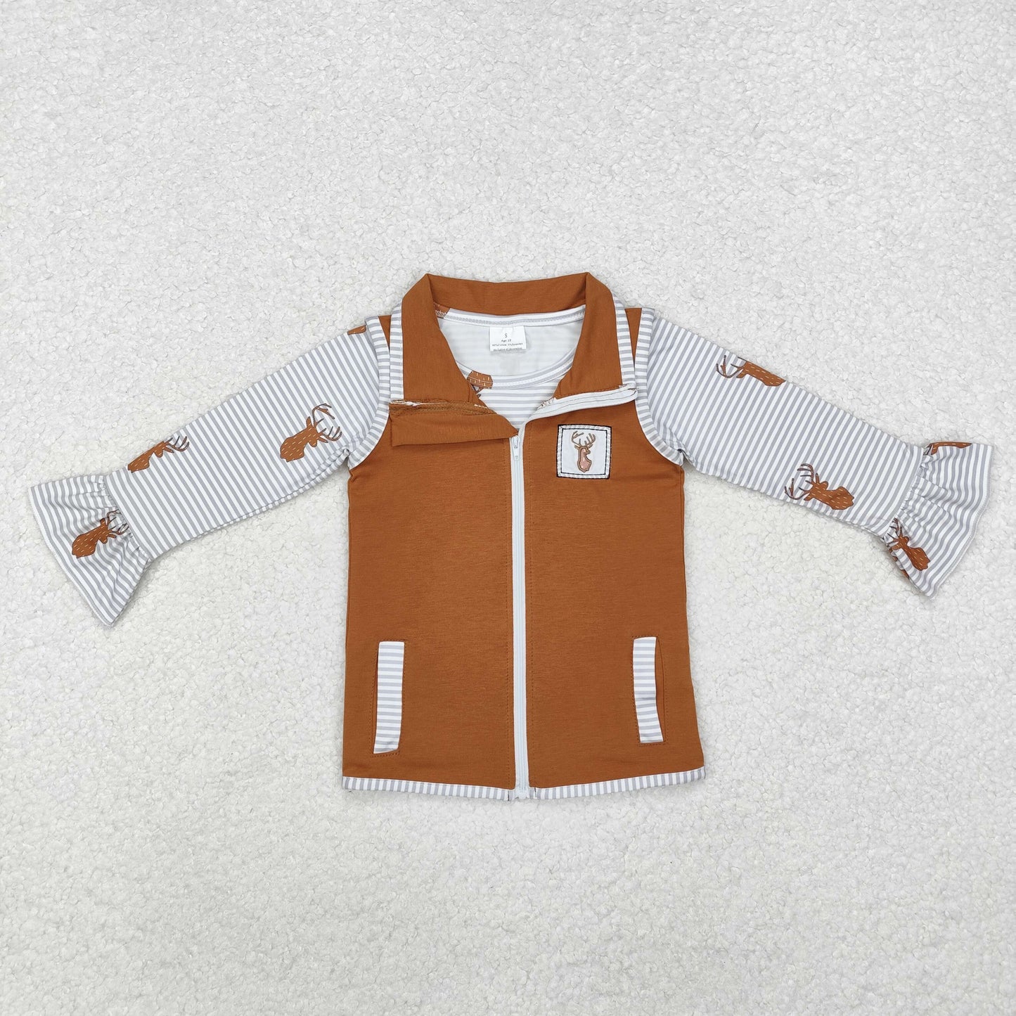 GT0742 Deer Hunting Stripe Flare Long-Sleeved Girls Top with Brown Vest Coat Set RTS 202511