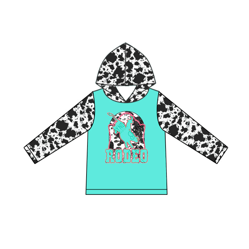 Preorder GT0777 rodeo cow-print blue hooded long-sleeved top