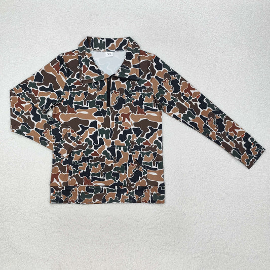 GT0829 Adult Female Brown Green Camouflage Pocket Zip Collar Long Sleeve Top RTS 20241127