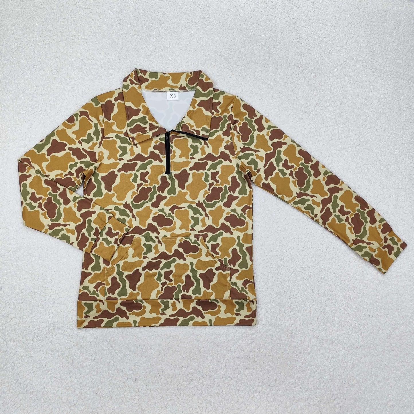 GT0830 Adult Female Yellow Brown Camouflage Zip Collar Long Sleeve Top