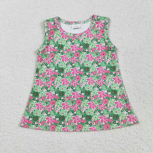 GT1015 Green Pink Flower Leaf Sleeveless Vest Yoga Shirts Girls Boutique clothes  202505 RTS