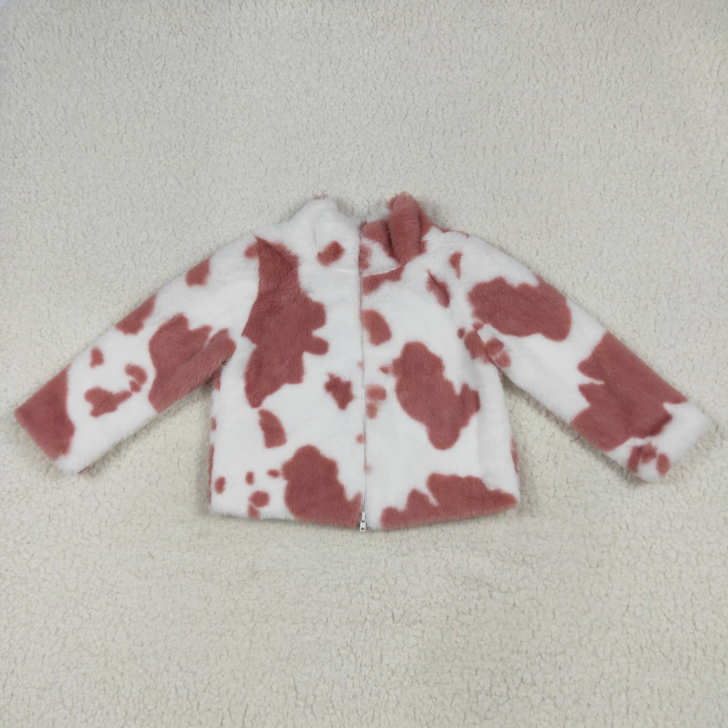 GT1027 Pink White Cow Print Plush Zipper Jacket Long Sleeve Top Girls Boutique clothes RTS Free Shipping Over 2KG