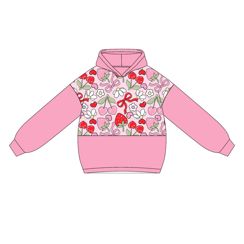 Preorder GT1032 Girls Strawberry Cherry Fruit Bow Pink Hoodie Long Sleeve Top 202505