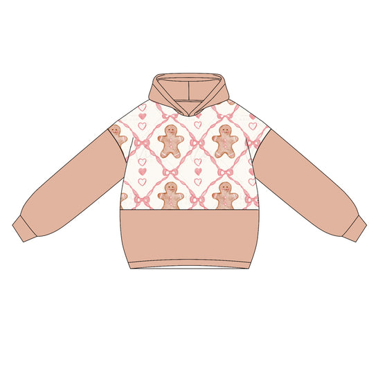 Preorder GT1040 Girls Gingerbread Man Heart Bow Brown Hoodie Long Sleeve Top 202505