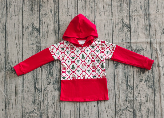 Preorder GT1042 Girls Santa Claus Bow Pattern Red Hoodie Long Sleeve Top 202508