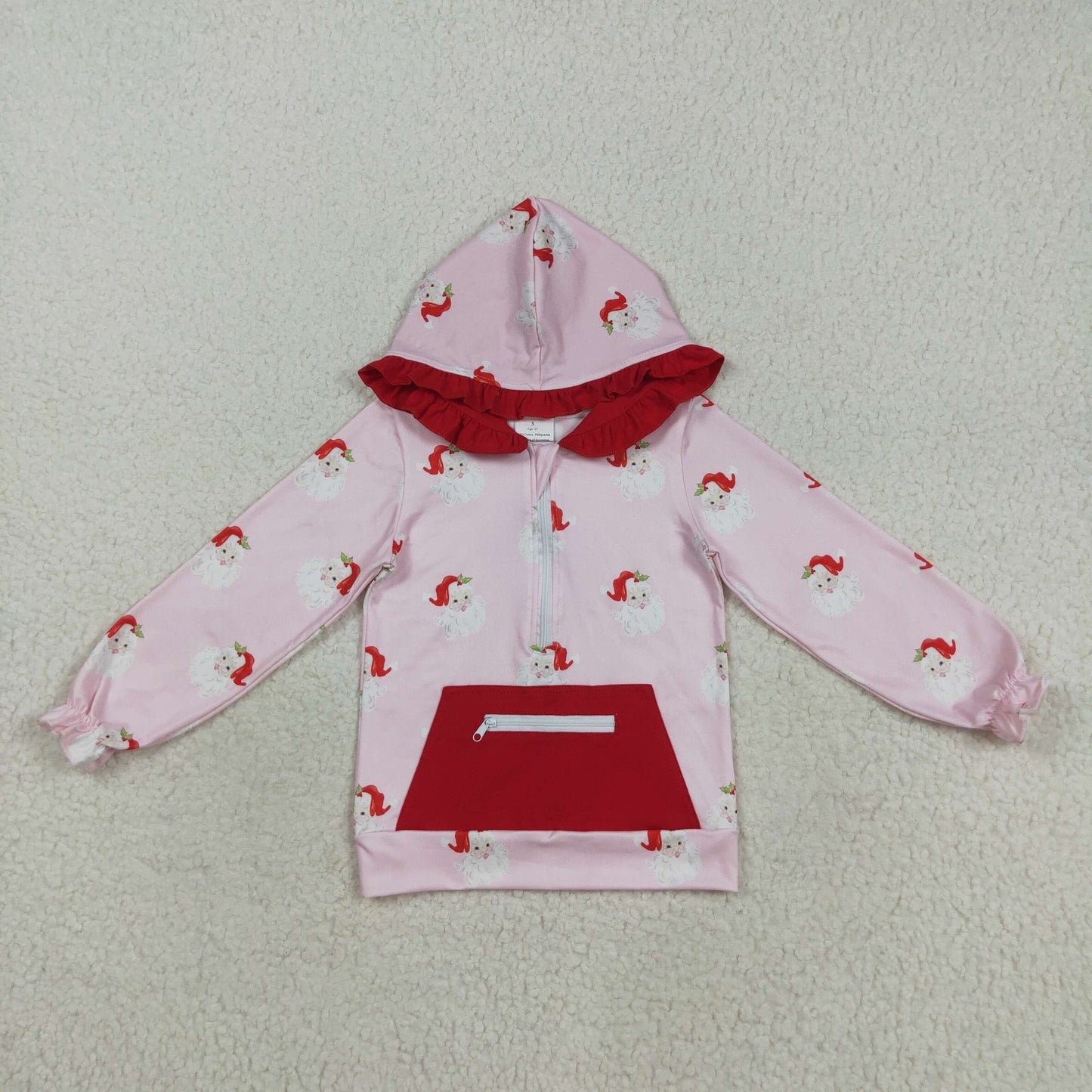 GT1047 Girls  Santa Claus Red Pocket Pink Zipper Hooded Long Sleeve Top 202508 RTS