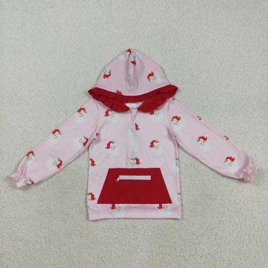 GT1047 Girls  Santa Claus Red Pocket Pink Zipper Hooded Long Sleeve Top 202508 RTS