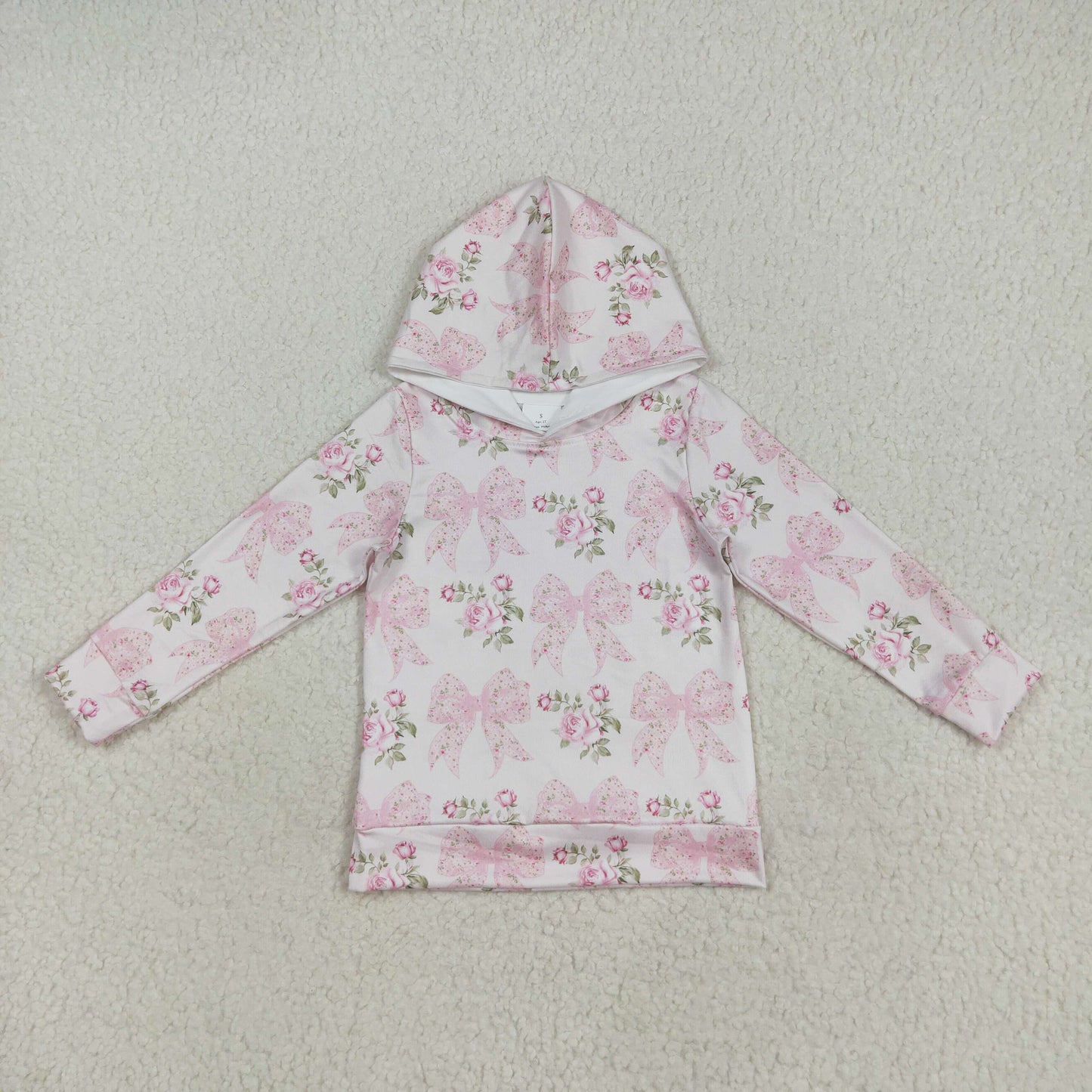 GT1058 Girls Bow Flower Light  Pink Hooded Long Sleeve Top 202507 RTS