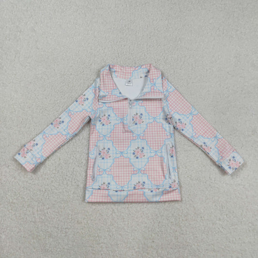 GT1062 Girls Boutique Yoga Clothes Flower Orange Pink Plaid Stand-Up Zipper Long Sleeve Top 202508 RTS