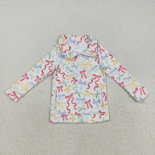 GT1065 Girls Boutique Yoga Clothes Colored Bows Beige Stand-Up Zippy Long Sleeve Top 202508 RTS