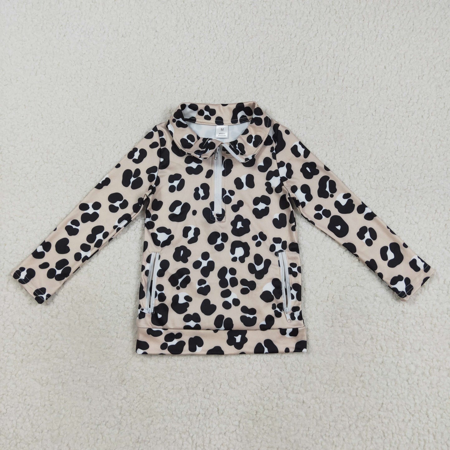 GT1072 Girls Boutique Yoga Clothes Brown Leopard Stand-Up Zippy Long Sleeve Top 202508 RTS