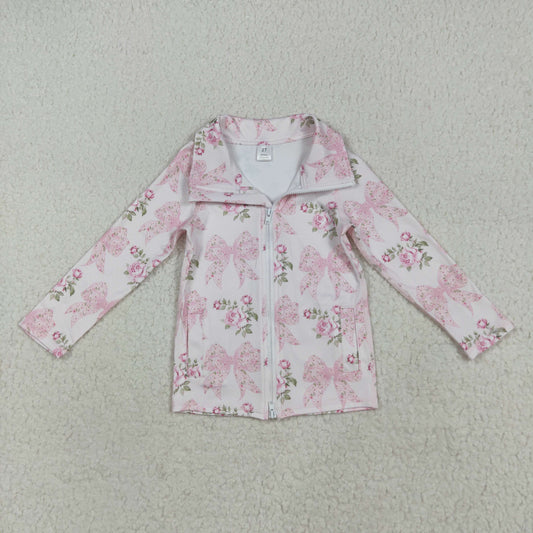 GT1075 Girls Boutique Yoga Clothes Pink Flower Bows Stand-Up  Zippy Long Sleeve Top 202507 RTS