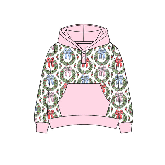 Preorder GT1085 Girls Boutique Garland Bow Pink Hooded Long Sleeves Top 202506