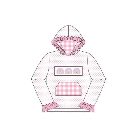 Preorder GT1104 Girls Boutique Turkey Pink Plaid Pocket Polka Dot Lace Hooded Long Sleeve Top 202507