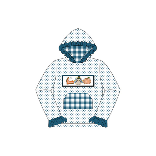 Preorder GT1108 Girls Boutique Cake Turkey Pumpkin Blue Plaid Pocket Polka Dot Lace Hooded Long Sleeve Top 202507
