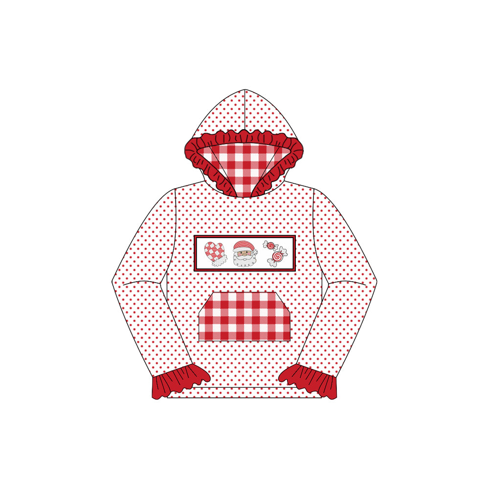 Preorder GT1109 Girls Boutique Gloves Santa Candy Red Plaid Pocket Polka Dot Lace Hooded Long Sleeve Top 202507
