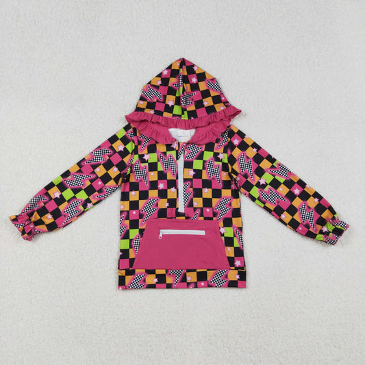 GT1117 Plaid Lightning Pocket Zippy Hooded Rose Red Long Sleeve Girls Top 202509 RTS