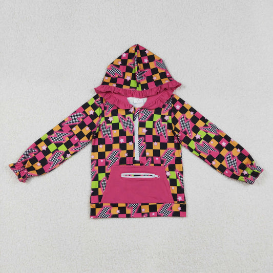 GT1117 Plaid Lightning Pocket Zippy Hooded Rose Red Long Sleeve Girls Top 202509 RTS