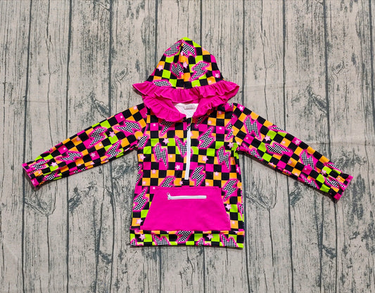 preorder GT1117 Plaid Lightning Pocket Zippy Hooded Rose Red Long Sleeve Girls Top 202508