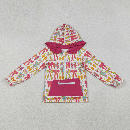 GT1121 Bows Pattern Rose Red Zippy Hooded Long Sleeve Girls Top 202509 RTS