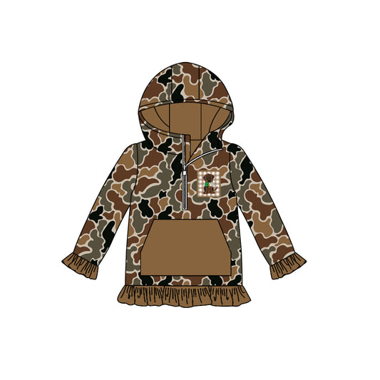 preorder GT1132 Puppy Brown Camouflage Ruffle Hooded Long Sleeve Girls Top 202507