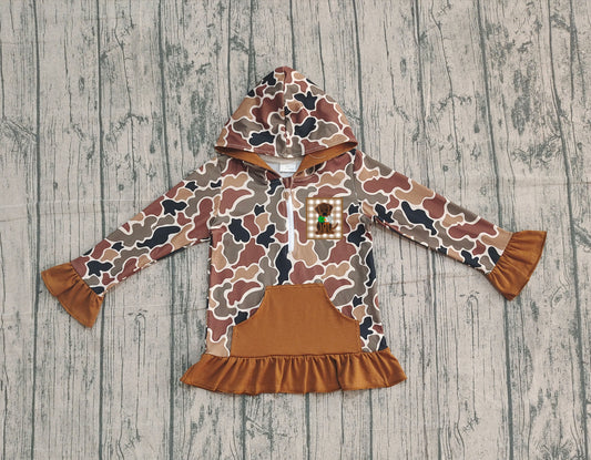 NO MOQ preorder GT1132 Embroidered Puppy Brown Camouflage Ruffle Hooded Long Sleeve Girls Top 202510