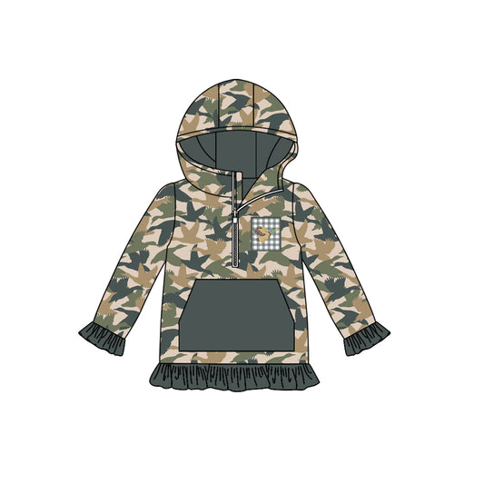 preorder GT1133 Duck Hunting Army Green Ruffle Hooded Long Sleeve Girls Top 202507