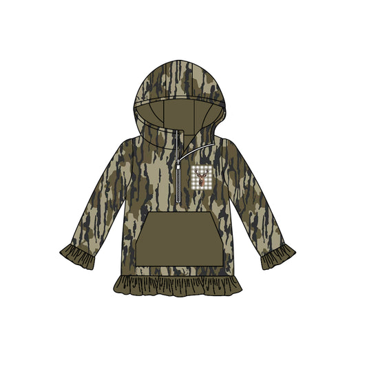 preorder GT1135 Deer Hunting Army Green Ruffle Hooded Long Sleeve Girls Top 202507