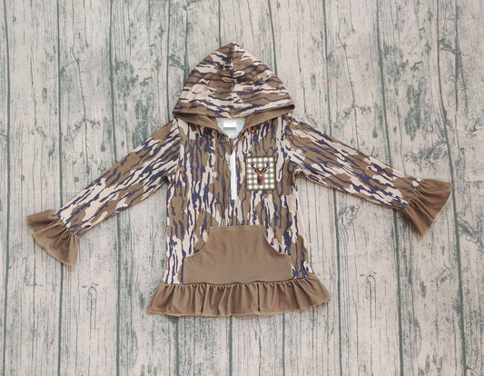 NO MOQ preorder GT1135 Embroidered Deer Hunting Army Green Ruffle Hooded Long Sleeve Girls Top 202509