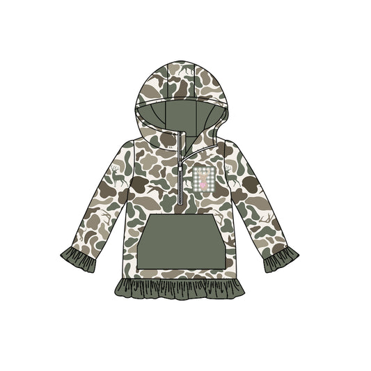 preorder GT1136 Puppy Duck Hunting Gray Green Ruffle Hooded Long Sleeve Girls Top 202507
