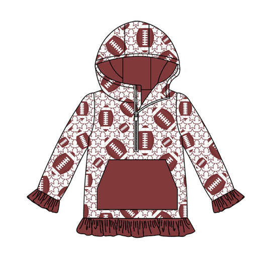 Preorder GT1138  Rugby Star Red Brown Ruffle Hooded Long Sleeve Girls Tops 202507