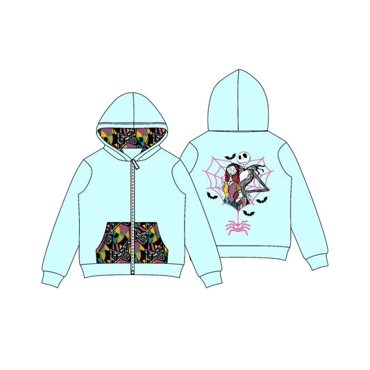Preorder GT1139 Halloween Cartoon Zombie Bride Light Blue Hooded Zippy Long Sleeve Girls Tops 202508