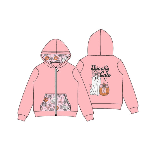 Preorder GT1140 Halloween Spooky Cute Pink Hooded Zippy Long Sleeve Girls Tops 202508
