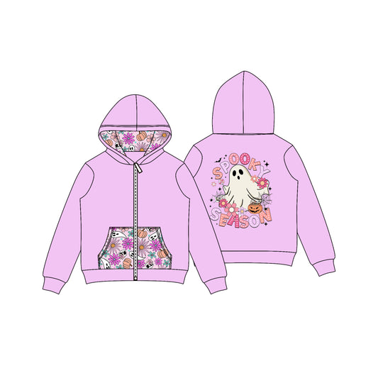 Preorder GT1141 Halloween Spooky Eason Flower Purple Hooded Zippy Long Sleeve Girls Tops 202508