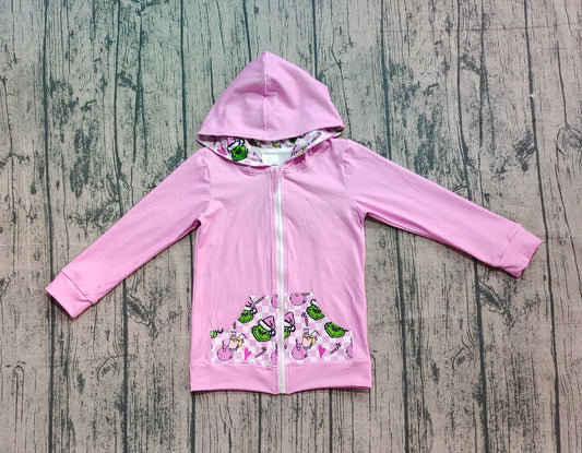 NO MOQ Preorder GT1142-XS-3XL Christmas Grinch Purple Hooded Zippy Long Sleeve Girls Tops 202509