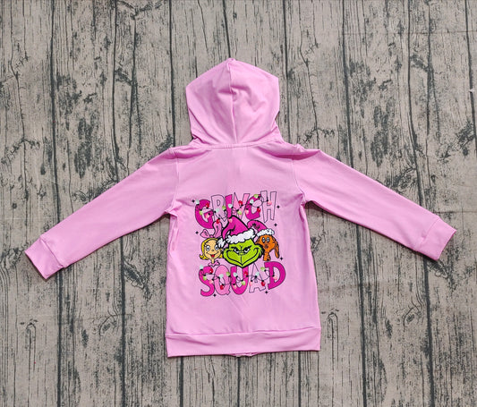 NO MOQ Preorder GT1142-XS-3XL Christmas Grinch Purple Hooded Zippy Long Sleeve Girls Tops 202509