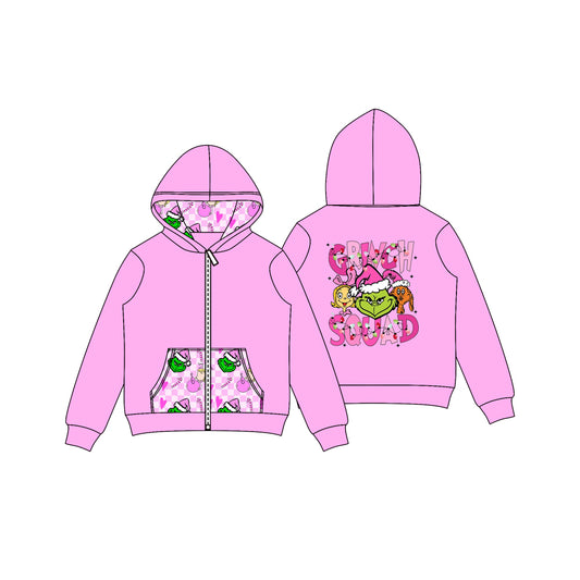 Preorder GT1142 Christmas Grinch Purple Hooded Zippy Long Sleeve Girls Tops 202508