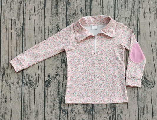 Preorder GT1145 Floral Pink Zippy Collar Long Sleeve Girls Tops 202508