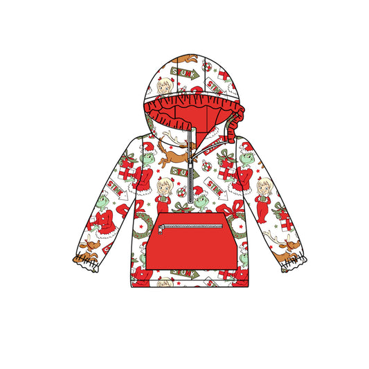 Preorder GT1146 Christmas Grinch Red White Hooded Zippy Long Sleeve Girls Tops 202508