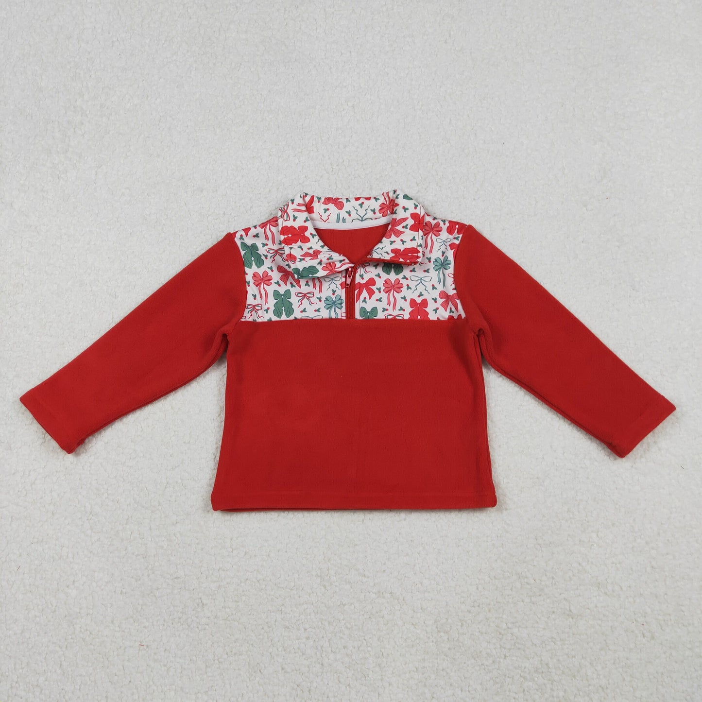 GT1150 Bows Pattern Red Plush Zipper Collar Long Sleeve Girls Tops 202510 RTS