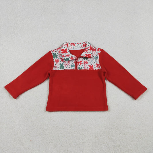 GT1150 Bows Pattern Red Plush Zipper Collar Long Sleeve Girls Tops 202510 RTS